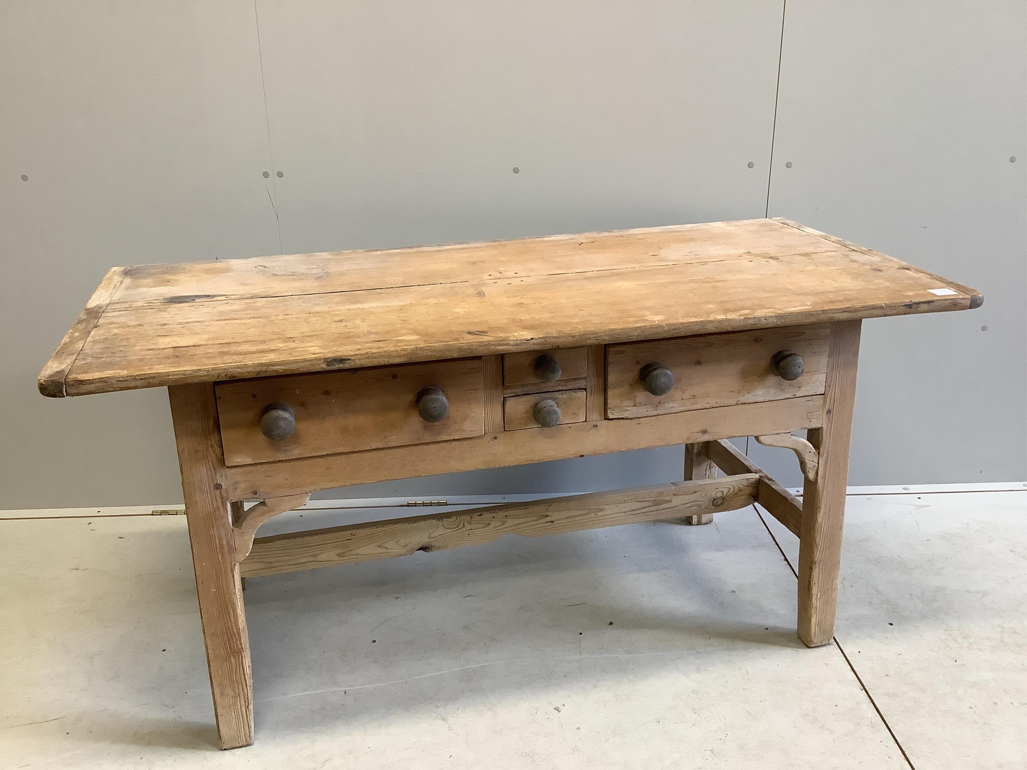 A 19th century rectangular pine four drawer serving table, width 154cm, depth 71cm, height 76cm. Condition - fair